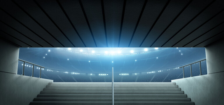 Entrance to modern soccer arena with crowded stands and tunnel stairs. An imaginary soccer stadium is modelled and rendered.
