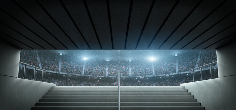 Entrance to modern soccer arena with crowded stands and tunnel stairs. An imaginary soccer stadium is modelled and rendered.