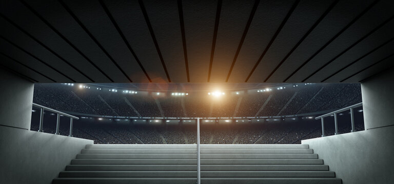 Entrance to modern soccer arena with crowded stands and tunnel stairs. An imaginary soccer stadium is modelled and rendered.