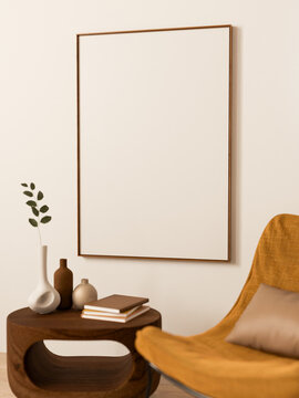 White painting frame on wall over wooden table and yellow mustard fabric accent chair in modern room