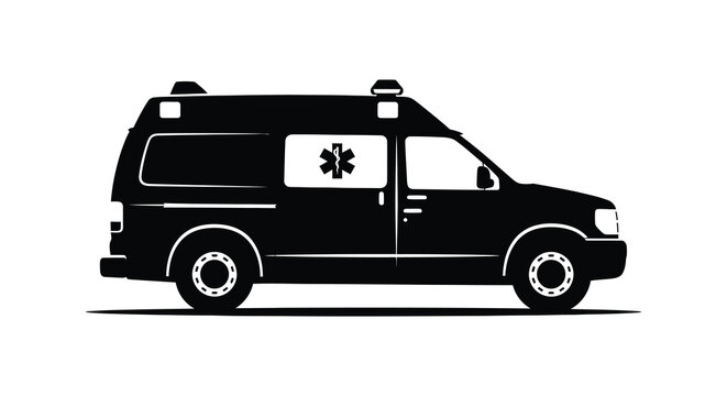 A stark black silhouette depicts an ambulance vehicle with a medical star emblem on its side silhouette