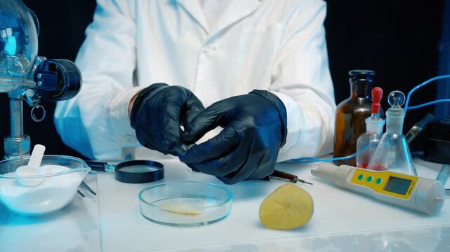 Scientist examines potatoes in laboratory. Food safety laboratory procedure, analysing food from the market.