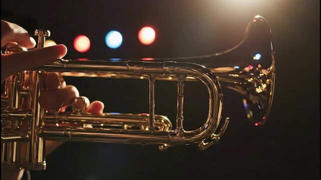 A close-up shot of a musician's hands playing a shiny brass trumpet on a dimly lit stage with colorful bokeh lights in the background.