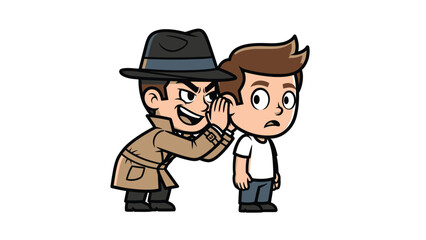 Obraz premium Cartoon character whispering a secret into another man's ear. Concept of gossip, confidential information, or secret sharing.