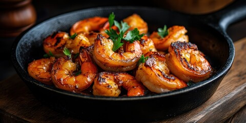 Fototapeta premium Pan-seared shrimp garnished with fresh parsley, served in a black cast-iron skillet on a wooden surface.