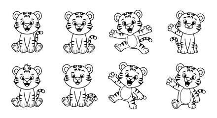 Fototapeta premium Cute cartoon tiger cubs in various playful poses and expressions