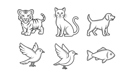 Naklejka premium Black and white line drawings of six animals tiger cat dog bird dove fish