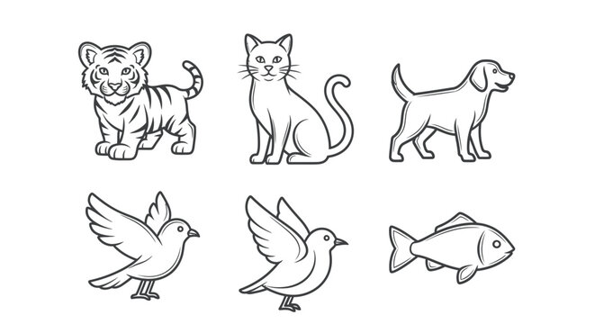 Black and white line drawings of six animals tiger cat dog bird dove fish