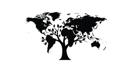 A striking black silhouette depicts a world map formed as a tree representing global ecology and sustainability silhouette © jivect02
