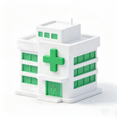 Fototapeta premium A stylized 3D rendering of a white hospital or clinic building with green windows and a prominent green cross on its facade, set against a clean white background.