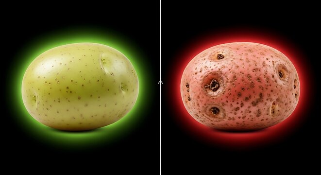 Fresh green potato glows, develops blight with dark spots and red aura, agricultural issue