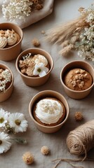 Fototapeta premium Cupcakes are arranged in cardboard cups on a table. Flowers and twine are nearby. The scene is set for a casual gathering during the day, showcasing a simple, natural setting