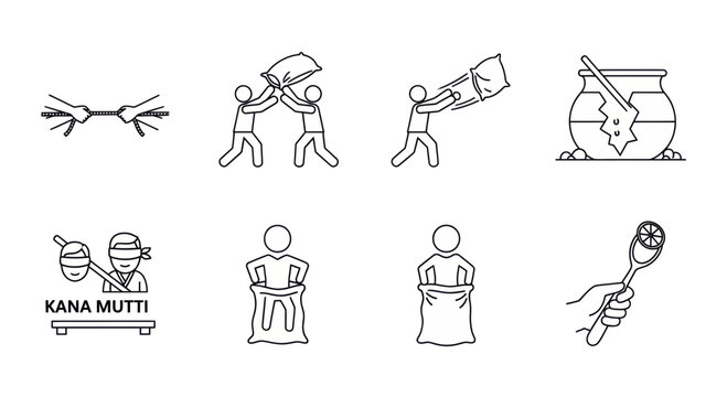Black and white outline icons representing traditional New Year games such as tug of war, pillow fighting, kana mutti, sack race, and lime spoon race.