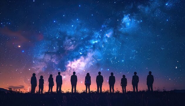 A group of silhouetted figures stands in awe before a breathtaking view of the Milky Way galaxy stretching across a vibrant twilight sky.