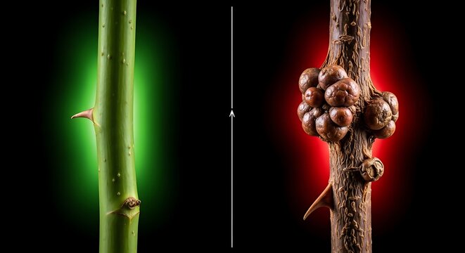 Rose stem healthy with single thorn on left, diseased with galls on right, black background