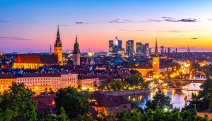 Obraz premium Golden hour illuminates a historic European cityscape.