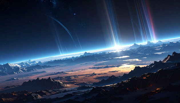 Cosmic vista of a vibrant planet with atmospheric phenomena and energy beams