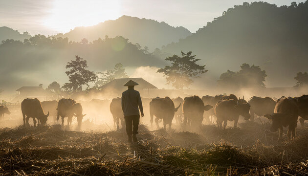 Farmer tending livestock at dawn with mountains and fields