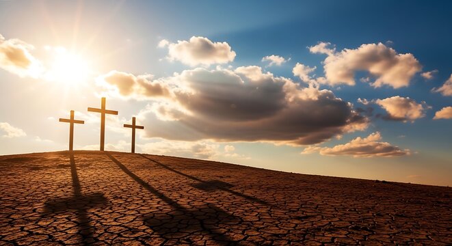 Three crosses on a hill with a dramatic sky and dry cracked earth landscape at sunset or sunrise with clouds and sunshine