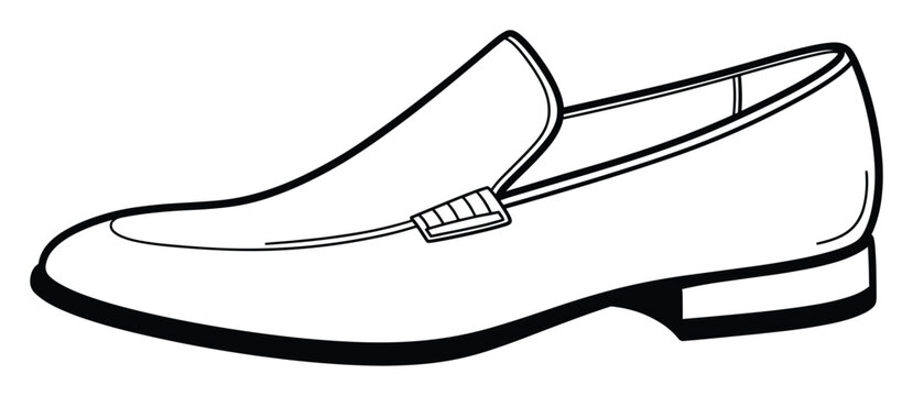 Stylish black and white line drawing of a classic slip on leather loafer shoe with a decorative buckle, perfect for fashion publications, apparel guides, mens footwear promotions, and