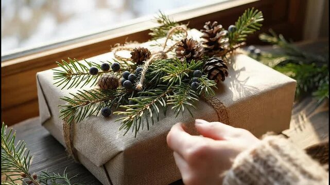 A person's hands in a cozy sweater carefully decorating a rustic gift package with natural pine branches, pine cones, and dark berries on a wooden windowsill with a snowy winter background.