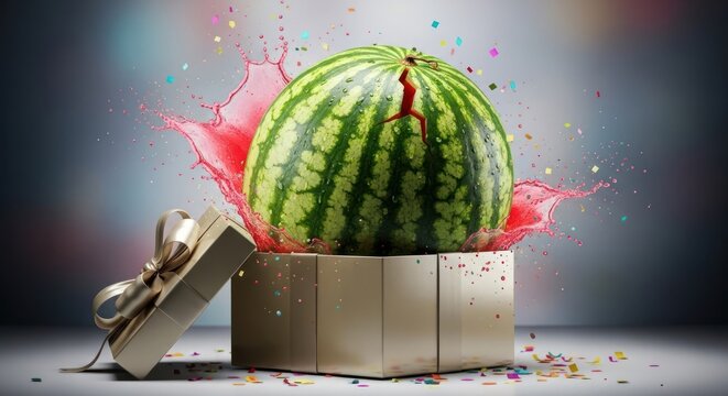 Watermelon exploding out of a gift box with colorful confetti