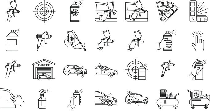 Car painting tools and spray gun equipment icons set with garage compressor color palette vector illustration collection