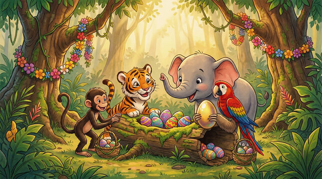 Vibrant Jungle Easter Adventure with Cheerful Forest Animals Finding and Adorning Decorative Eggs in a Lush Tropical Paradise