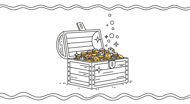 Clean vector graphic of an open wooden treasure chest full of shining gold coins and a diamond