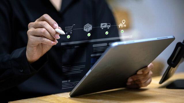 E Commerce Workflow and Order Fulfillment Concept with Logistics Tracking and Digital Supply Chain