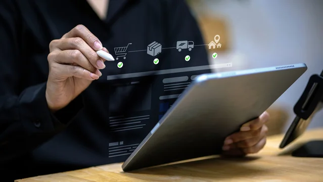 E Commerce Workflow and Order Fulfillment Concept with Logistics Tracking and Digital Supply Chain