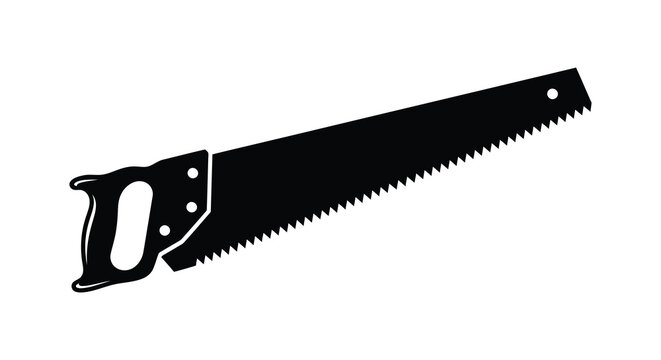A stark black silhouette of a traditional hand saw displaying its distinctive shape and tool design silhouette