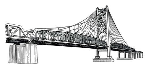 Fototapeta premium Detailed technical drawing of a long span bridge featuring intricate truss and cablestayed sections, perfect for engineering diagrams, architectural studies, or construction project visuals