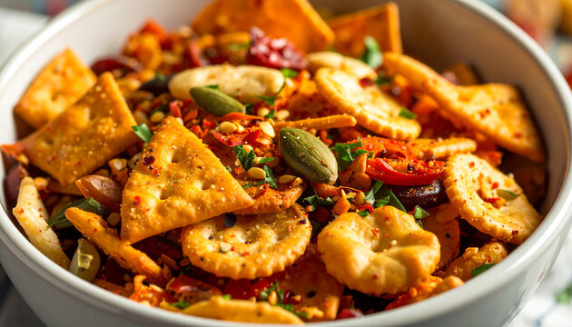Close up of a colorful mix of crackers and snacks in a white bowl