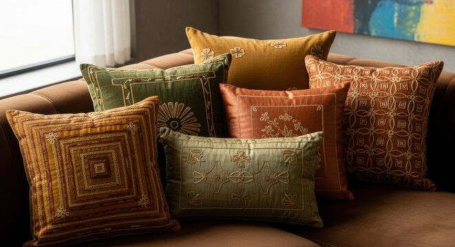A collection of richly textured, hand-embroidered silk and velvet cushions in warm, earthy tones arranged on a sofa.
