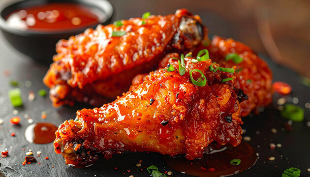 Close up of delicious chicken wings with sauce and herbs