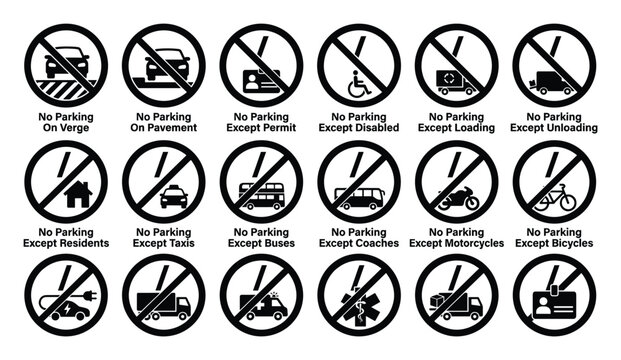 Detailed infographic showcasing a variety of common no parking signs with specific exceptions for permits, disabled individuals, loading, unloading, residents, taxis, buses, coaches,