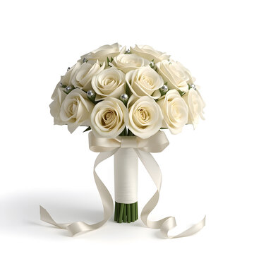 Elegant wedding flower bouquet 3D object on white plain background, soft white roses tied with a silky ribbon and smooth romantic arrangement