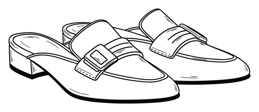 Stylish womens slipon mule shoes with a block heel and buckle strap rendered in a classic line drawing style perfect for footwear guides or everyday apparel promotions.