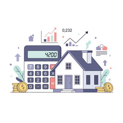 Obraz premium Real Estate Investment Growth: House, Calculator, Coins, and Financial Charts