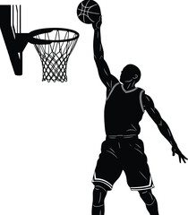 Basketball player jumping for dunk or layup, minimalist white line art on black background, dynamic motion sports vector illustration graphic © Aroshi Jannat 