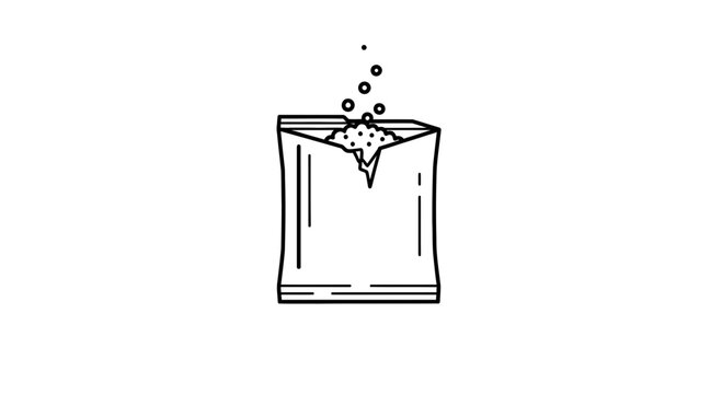 Minimalist line art icon of an open instant drink sachet with effervescent powder and rising bubbles