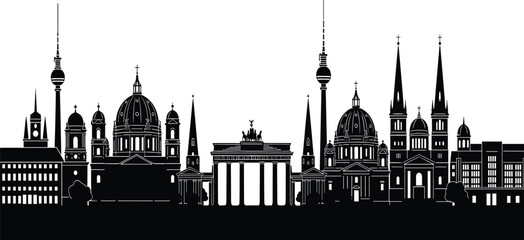 Berlin city skyline vector icons set, featuring Brandenburg Gate, Berliner Dom, and German landmarks, black silhouette architectural symbols, isolated, Germany. © Aroshi Jannat 