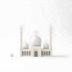Fototapeta premium Minimal Islamic mosque 3D object on white plain background, simple full mosque with dome and tall minaret, smooth matte texture