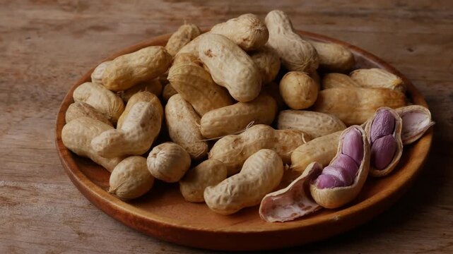 Boiled peanuts in shell with purple violet skin kernels revealed on wooden plate on rustic wood table, healthy traditional Asian snack nutrition closeup