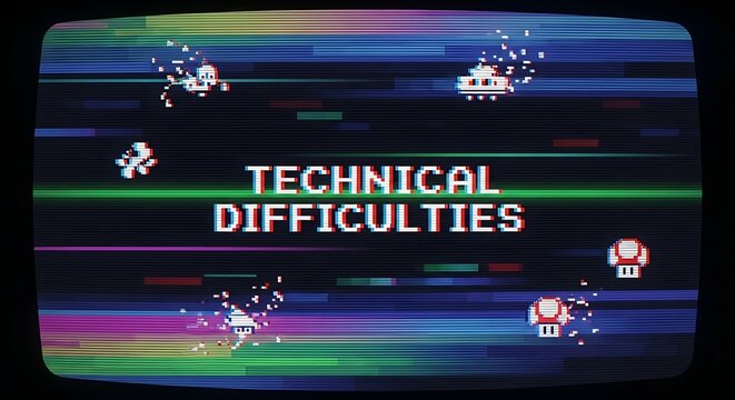 Pixelated retro game screen displays technical difficulties message with video game.
