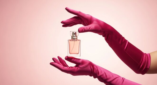 Elegant hands in pink gloves delicately hold a glass perfume bottle