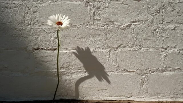 Single white daisy-like flower with brown center casting a dramatic shadow on a bright, textured white painted brick wall.