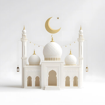 Ramadan aesthetic mosque 3D object on white plain background, pastel mosque with crescent moon above and hanging lantern lights, smooth soft finish