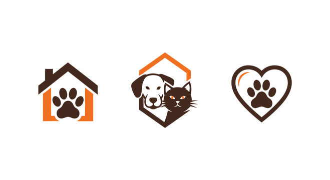 Dog and Cat Pet Care Logos: House, Hexagon, Heart Icons with Paw Prints
